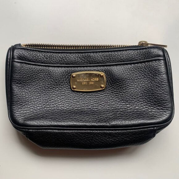 Michael Kors Black Pebbled Leather Wristlet Clutch Bag – Gold Plate Logo, Zip - Picture 1 of 6